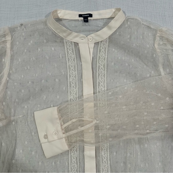 Express Sheer Lace Netted Button Down Blouse • Satin Trim • Floral, Polka Dots - Picture 2 of 6